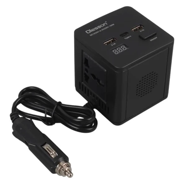 Olesson 1663 DC 12-24V 150W Oto Araç Power İnverter TYPE-C - Çift USB - 220V Üniversal Priz Girişli - 3