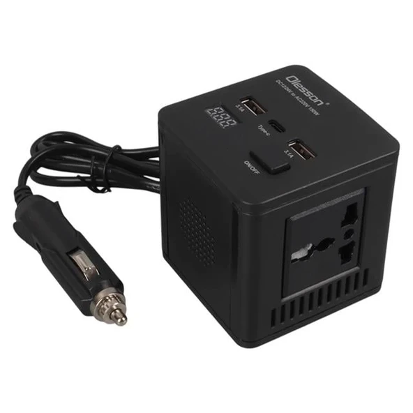 Olesson 1663 DC 12-24V 150W Oto Araç Power İnverter TYPE-C - Çift USB - 220V Üniversal Priz Girişli - 2