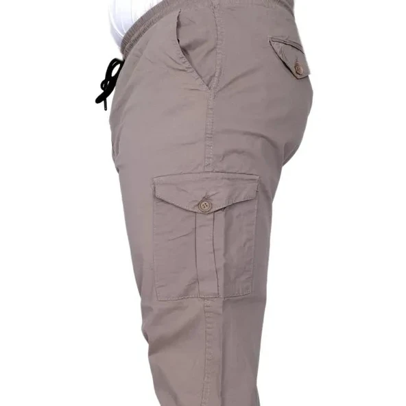 Büyük Beden Erkek Pantolon Keten Kargo Jogger 21911 Taş Rengi - Resim 4