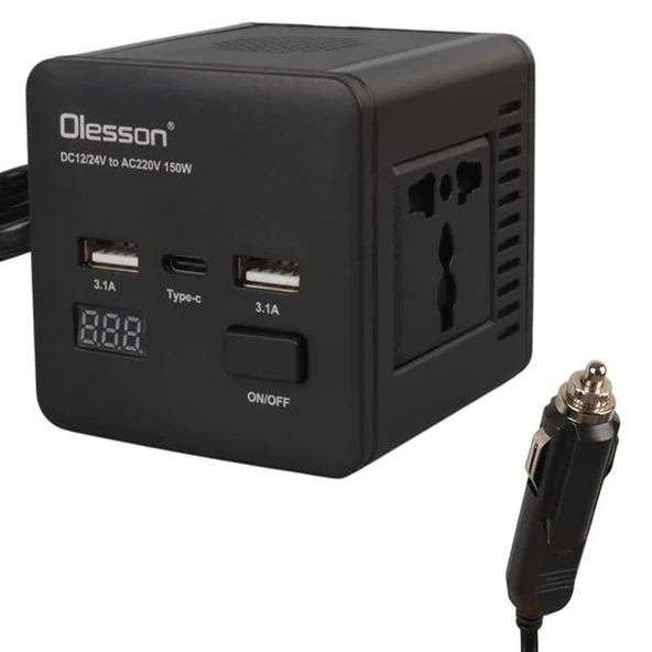 Olesson 1663 DC 12-24V 150W Oto Araç Power İnverter TYPE-C - Çift USB - 220V Üniversal Priz Girişli - 1