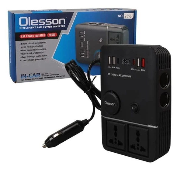 Olesson 1661 DC 12-24V 200W Oto Araç Power İnverter 2x Çakmak Girişi - 2x TYPE-C - 4x USB - 2x 220V Üniversal Priz - 5