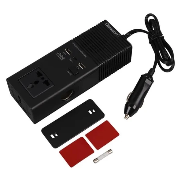 Olesson 1665 DC 12-24V 200W Oto Araç Power İnverter Ek Çakmak Girişi - TYPE-C - Çift USB - 220V Üniversal Priz - 4
