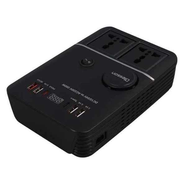 Olesson 1661 DC 12-24V 200W Oto Araç Power İnverter 2x Çakmak Girişi - 2x TYPE-C - 4x USB - 2x 220V Üniversal Priz - 4