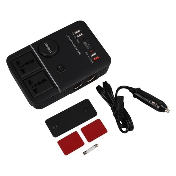 Olesson 1661 DC 12-24V 200W Oto Araç Power İnverter 2x Çakmak Girişi - 2x TYPE-C - 4x USB - 2x 220V Üniversal Priz - 3
