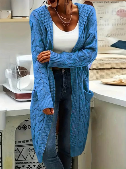 Kadın Uzun Kollu Kapşonlu önü Açık Cepli Midi Hırka ürün görseli