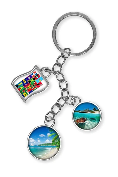 Karayipler Üçlü Epoksi Metal Çift Taraflı Damla Anahtarlık Caribbean - Resim 4