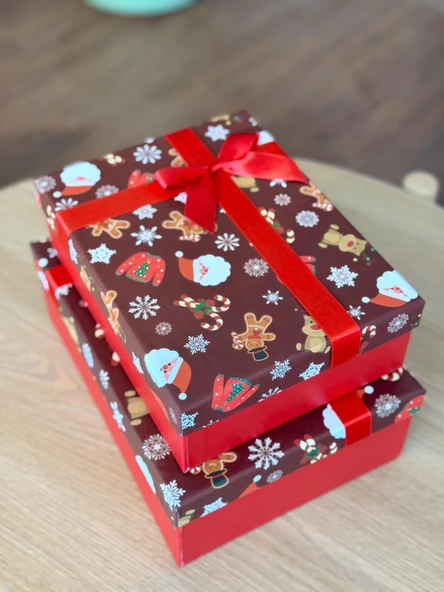 Yılbaşı Temalı 3 Lü Dekoratif Fiyonklu Hediye Kutusu Kahverengi Orta-Büyük Boy 35x25x13 Cm - 4