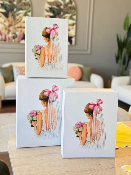 Çeyiz Kutusu-3 Lü Çeyiz Kutusu-Pembe Fiyonklu Gelin Kutusu-Gelin Bohça Kutusu-Gelin Kutusu - 2