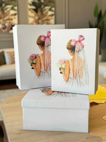 Çeyiz Kutusu-3 Lü Çeyiz Kutusu-Pembe Fiyonklu Gelin Kutusu-Gelin Bohça Kutusu-Gelin Kutusu - 5