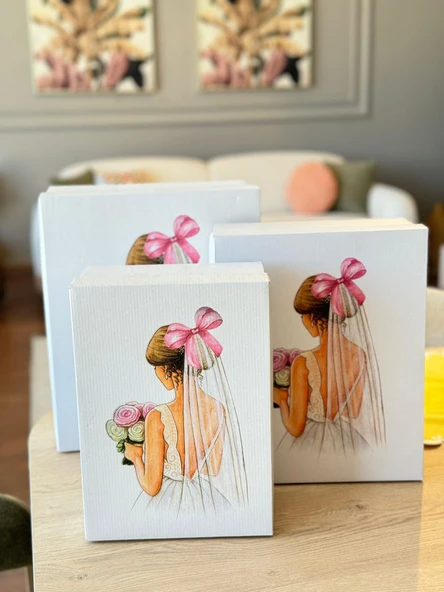 Çeyiz Kutusu-3 Lü Çeyiz Kutusu-Pembe Fiyonklu Gelin Kutusu-Gelin Bohça Kutusu-Gelin Kutusu - 3