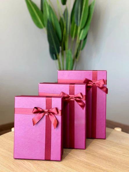 Kolix Dekoratif Fuşya Fiyonklu 3 Lü Hediye Kutusu Seti Sert Mukavva