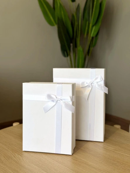 Kolix Dekoratif Beyaz Fiyonklu 2 Li Hediye Kutusu Seti Sert Mukavva Hediye Kutusu