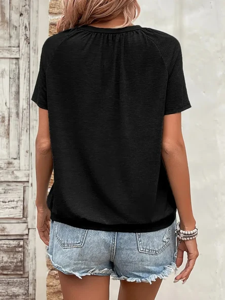 Kadın Kısa Kollu V Yakalı Büzgü Detaylı Viskon Bluz - Resim 3