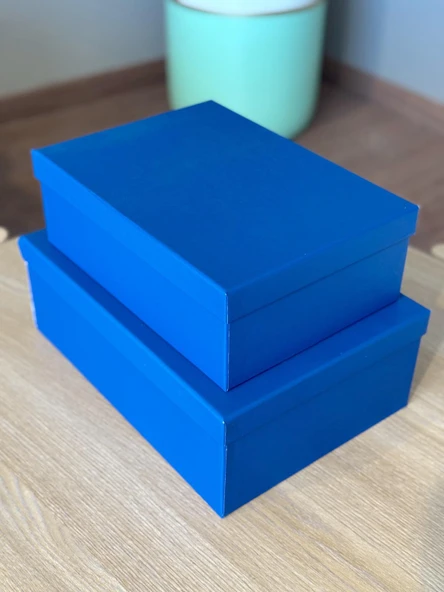 Dekoratif Mavi Düz Sert Mukavva Büyük-Orta Boy Kutu Hediye Kutusu Seti