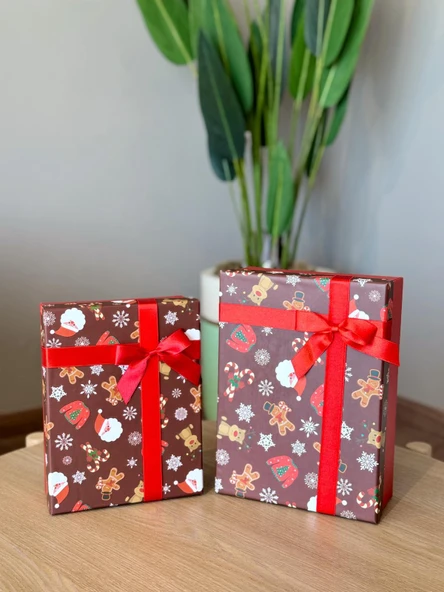 Yılbaşı Temalı 3 Lü Dekoratif Fiyonklu Hediye Kutusu Kahverengi Orta-Büyük Boy 35x25x13 Cm - 5