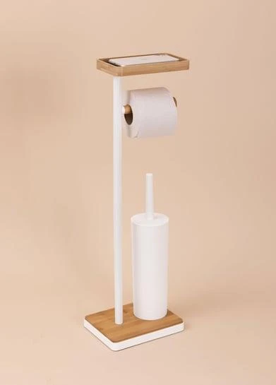 The Mia Bambu Tepsili ve Fırçalı Tuvalet Kağıdı Standı Beyaz GLV0760