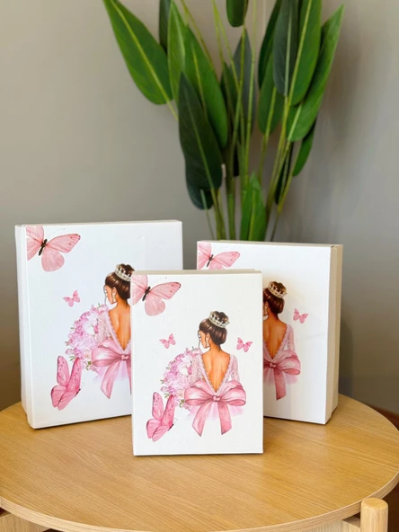 Gelin Kelebek Model Çeyiz Kutusu-3 Lü -Gelin Kutusu-Gelin Bohça Kutusu-Gelin Hediye Kutusu