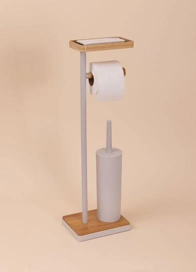 The Mia Bambu Tepsili ve Fırçalı Tuvalet Kağıdı Standı Gri GLV0761