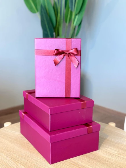 Kolix Dekoratif Fuşya Fiyonklu 3 Lü Hediye Kutusu Seti Sert Mukavva - 2