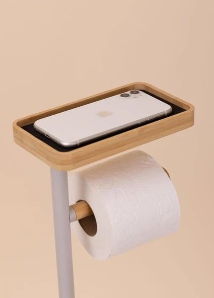 The Mia Bambu Tepsili ve Fırçalı Tuvalet Kağıdı Standı Gri GLV0761 - 3