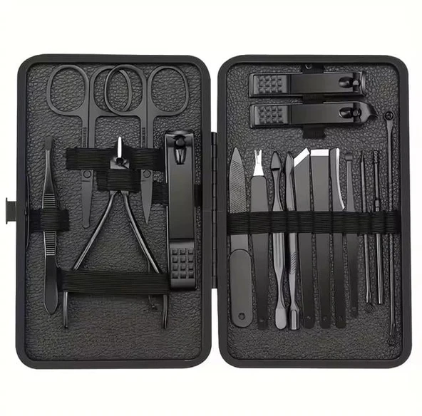 Sunup SN-27099 Siyah Paslanmaz Çelik 18in1 Profesyonel Manikür Tırnak Bakım Seti