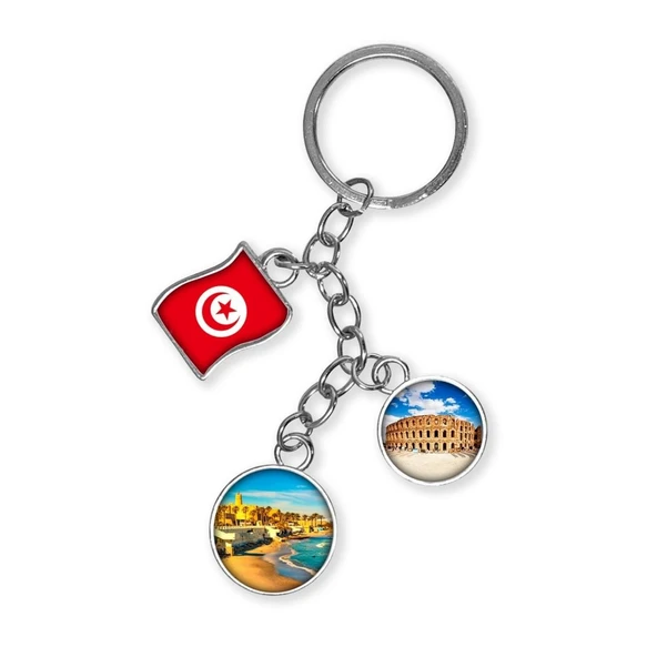 Tunus Üçlü Epoksi Metal Çift Taraflı Damla Anahtarlık Tunisia ürün görseli