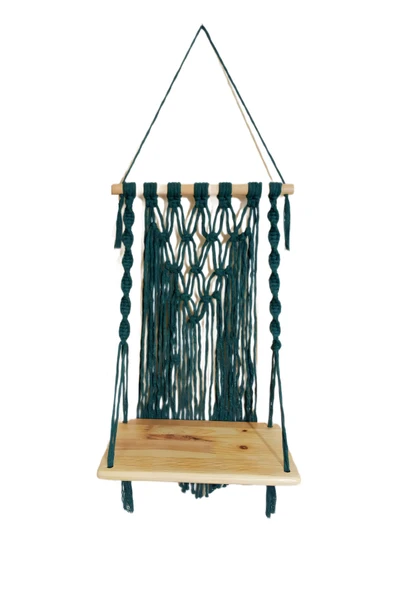 Yeşil Ahşap Taranabilir Makrome Örgü Modelli Püsküllü Dekoratif Raflı Duvar Süsü Askısı