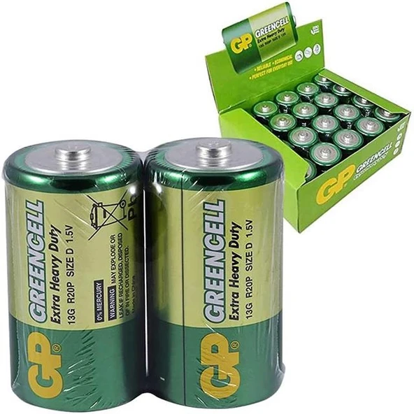 GP Greencell R20 1.5V Büyük D Boy Çinko-Karbon Pil 20'li Paket (13G) - 1