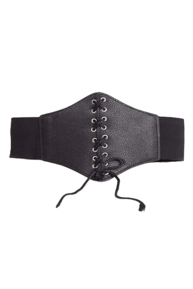 Kadın İp Metal Lastik Detaylı Suni Deri Siyah Gömlek Elbise Korse Bel Kemeri