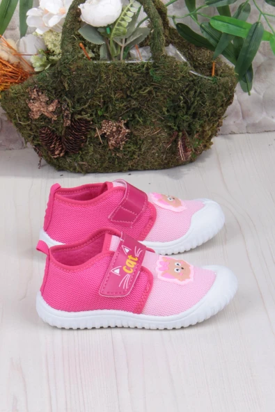 Fort 3410 Gz Kedi Figürlü Anaokulu Kreş Ev Kız Çocuk Keten Panduf Ayakkabı - Resim 2