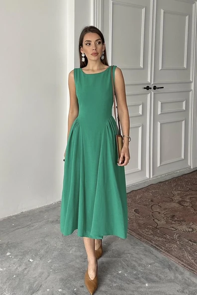 Yeşil Yanları Büzgülü Midi Boy Keten Elbise - Resim 4