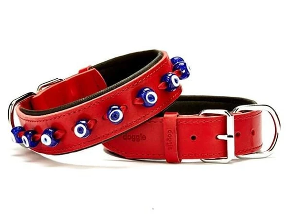 Doggie Comfort Deri Nazar Boncuklu Köpek Boyun Tasması Small Kırmızı 4x47-55 Cm ürün görseli