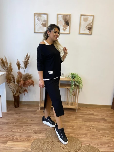 Kadın Uzun Kollu Tek Omuzu Açık Viskon Bluz Içi Atletli Ve Yandan şeritli üçlü Viskon Ikili Takım - Resim 4