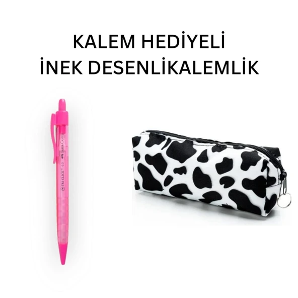 İnek Desen Kalemlik - Okul Kalemliği-Makyaj Çantası ve Hediye Pembe Uçlu Kalem