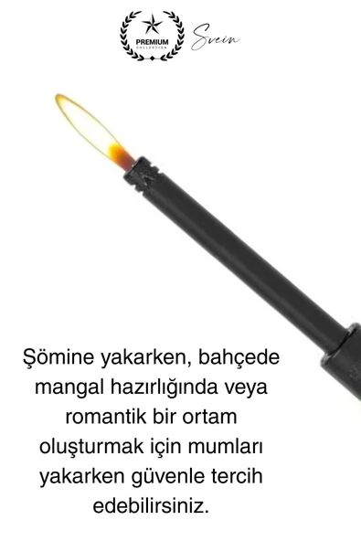 Premium 18 cm Siyah Basmalı Uzun Mutfak Çakmağı Gazlı Doldurulabilir Mum Mangal Kamp İçin Ateş - 4