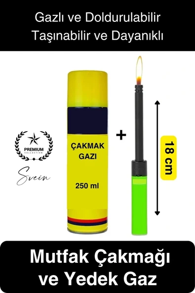 Premium 18 cm Basmalı Uzun Mutfak Çakmağı ve Yedek Gazlı 250 ml Mum Mangal Kamp İçin Normal Alev - 1