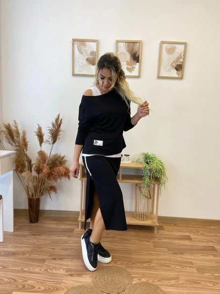 Kadın Uzun Kollu Tek Omuzu Açık Viskon Bluz Içi Atletli Ve Yandan şeritli üçlü Viskon Ikili Takım - Resim 8