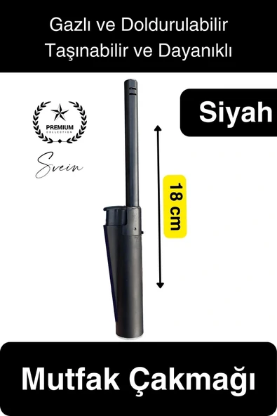 Premium 18 cm Siyah Basmalı Uzun Mutfak Çakmağı Gazlı Doldurulabilir Mum Mangal Kamp İçin Ateş - 1