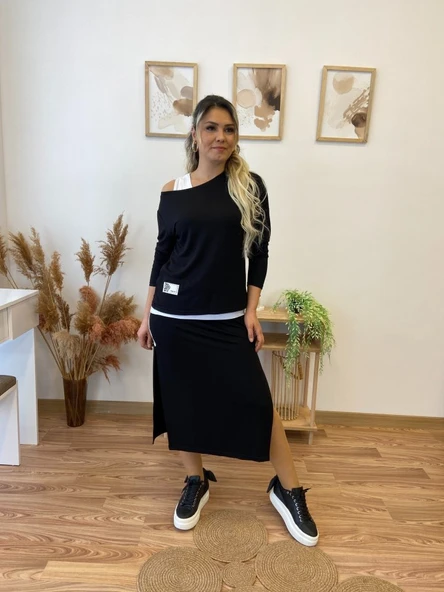 Kadın Uzun Kollu Tek Omuzu Açık Viskon Bluz Içi Atletli Ve Yandan şeritli üçlü Viskon Ikili Takım - Resim 3