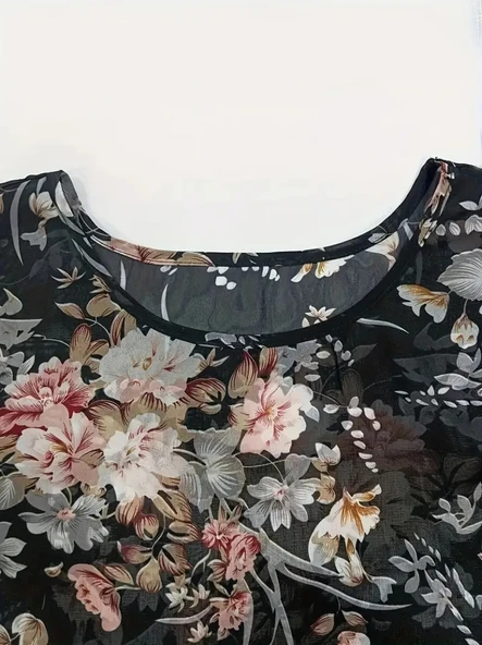 Kadın Kısa Kollu Yuvarlak Yaka çiçek Baskılı Asimetrik Kesim şifon Bluz - Resim 8