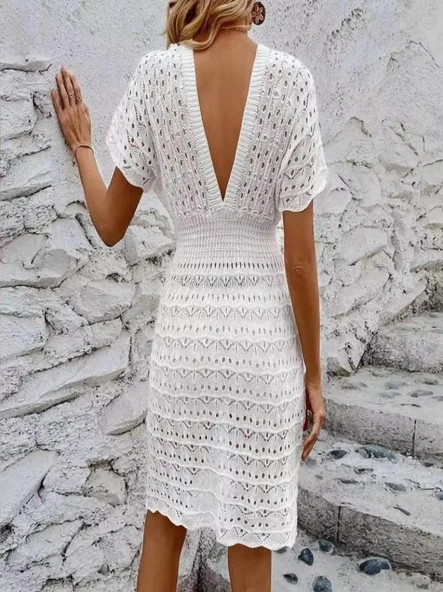 Kadın Kısa Kollu V Yakalı örme Triko Elbise - Resim 3