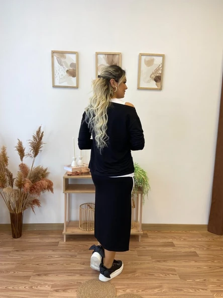 Kadın Uzun Kollu Tek Omuzu Açık Viskon Bluz Içi Atletli Ve Yandan şeritli üçlü Viskon Ikili Takım - Resim 5