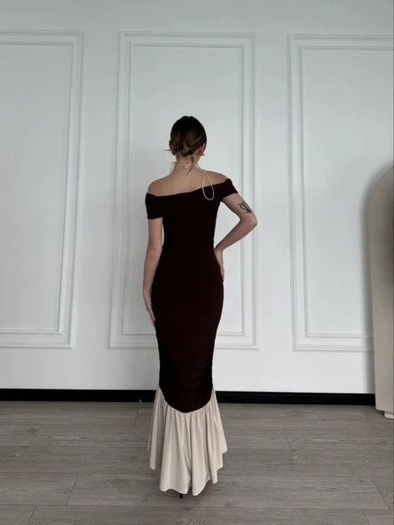 Striptiz Omuzlu Uzun Elbise- Kahve - Resim 2