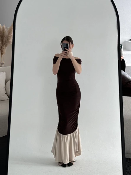 Striptiz Omuzlu Uzun Elbise- Kahve - Resim 3