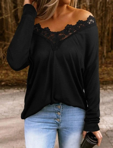 Kadın Uzun Kollu Yaka Güpür Detay Viskon Bluz - Resim 2