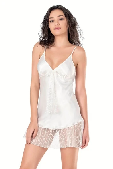 Amora Secret Ekru Kısa Saten Gecelik - Resim 3