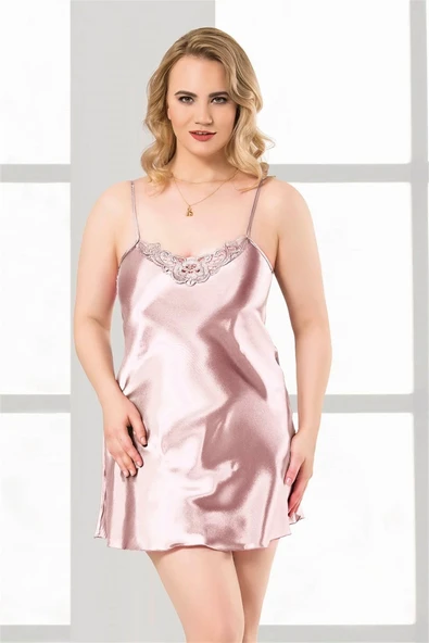 AmoraSecret AmoraSecret Büyük Beden Somon Kısa Saten Gecelik - 1