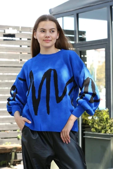 Siyah çizgili bisiklet yaka kazak Saks