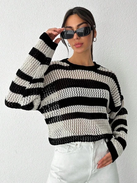 Çizgili bisiklet yaka triko kazak beyazsiyah - 2