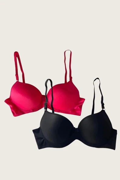 AmoraSecret AmoraSecret Siyah-Kırmızı 2'li Mikro Kumaş İçi Boş Balenli Günlük Desteksiz Sütyen - 3